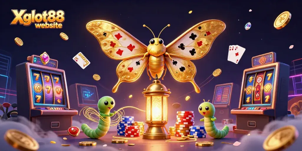 Menangkan permainan dengan slot beruntung di website Xgslot88, yang dikelilingi harta berkilauan dan kartu bermain.