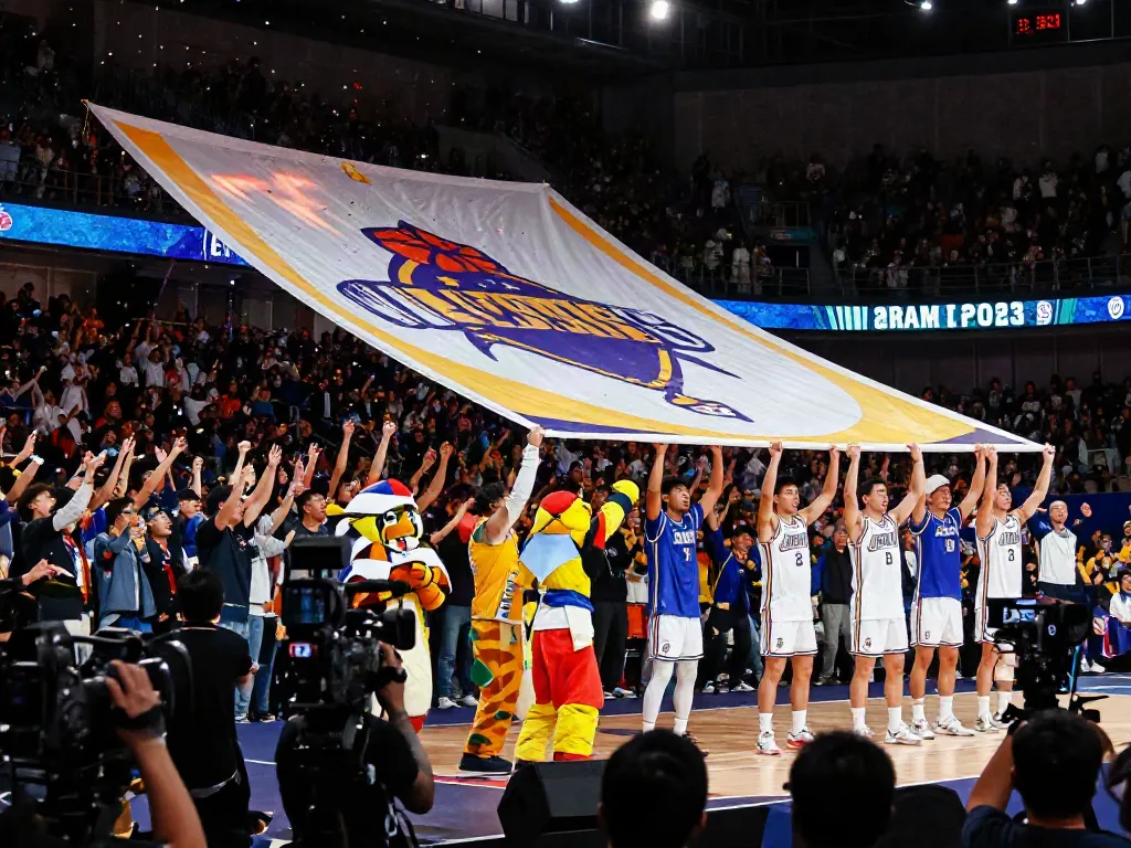 Banners raising ceremony featuring enthusiastic crowd and team celebration.