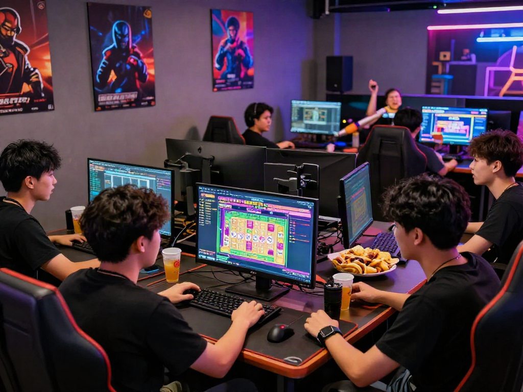 Enthusiastic players enjoying bandar togel online at a vibrant gaming lounge.