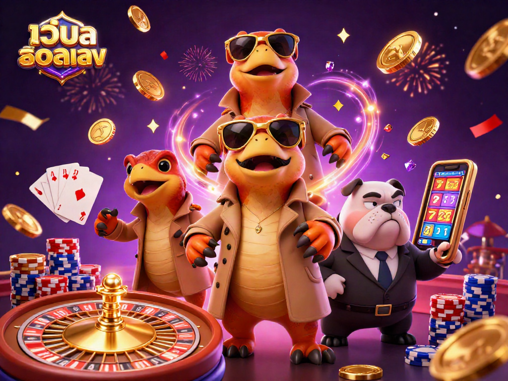 Experience เว็บสล็อตตรง excitement where raptors sneak into a casino lounge amidst gold coins and confetti.