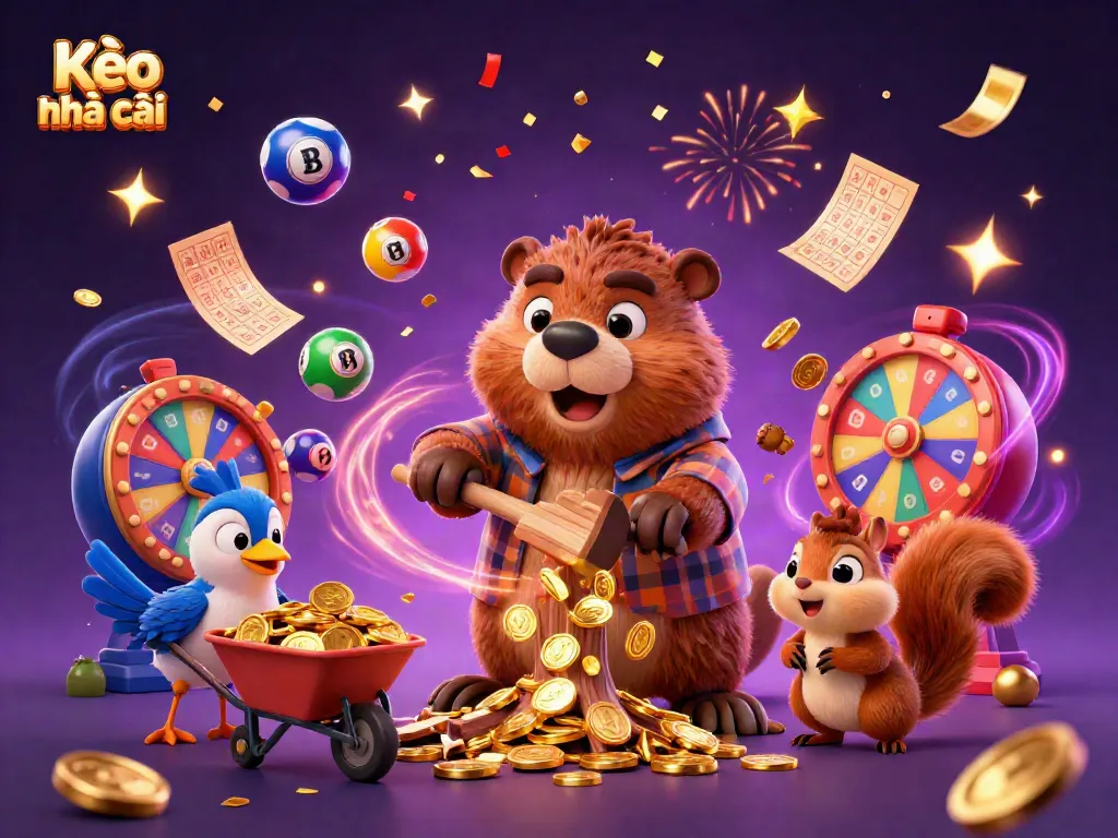 Experience Kèo nhà cái as the cartoon lumberjack beaver collects golden coins amidst lottery festivities.
