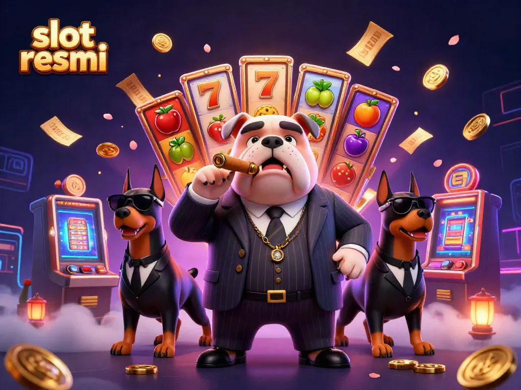 Experience the excitement of slot resmi with a mafia boss bulldog, spinning reels, and jackpot symbols!