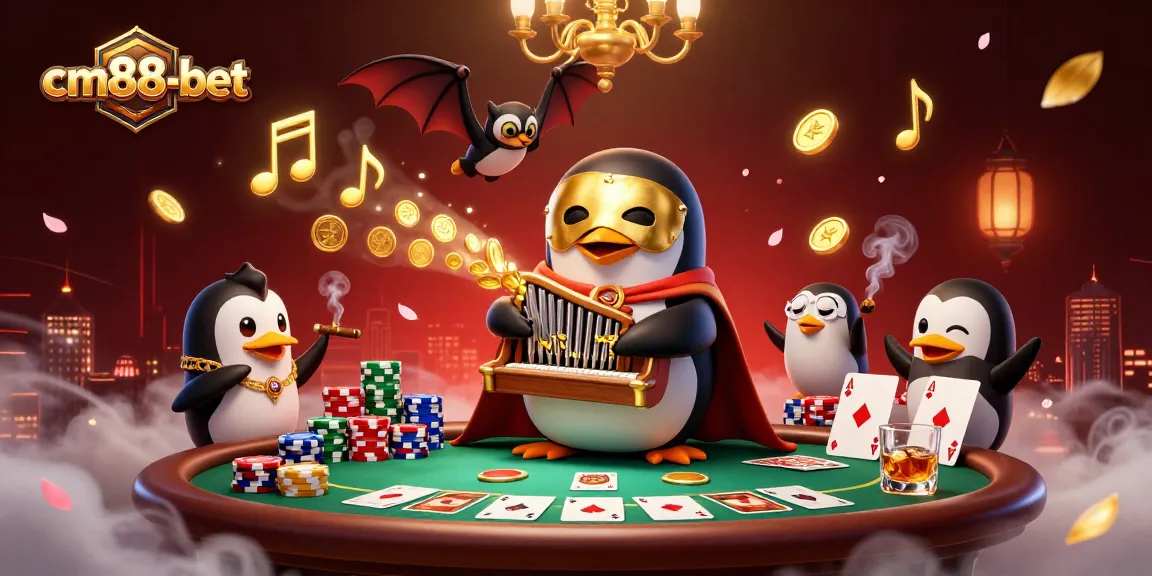 Engage with exciting betting at cm88-bet while enjoying a vibrant casino atmosphere featuring a penguin organist.
