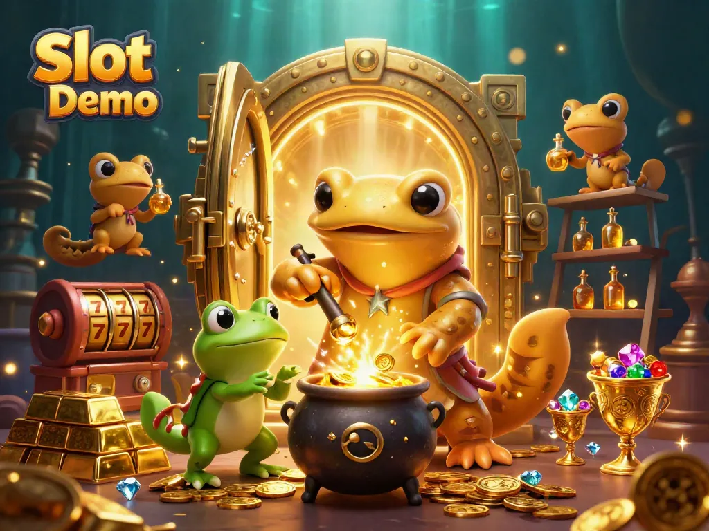 Experience Slot Demo with golden alchemist and magical elements amid a treasure-filled scene.