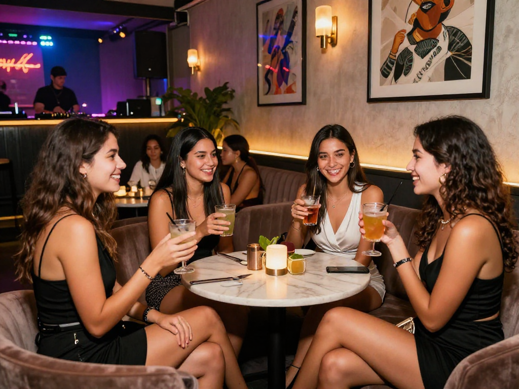 Gái gọi thưởng thức đêm tiệc trong quán bar sang trọng với đồ uống trong tay