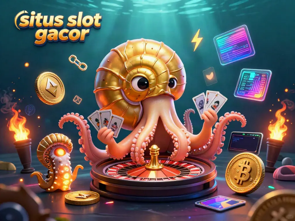 Mencoba keberuntungan di situs slot gacor dengan ilustrasi luar biasa dari nautilus emas dan mata uang kripto.