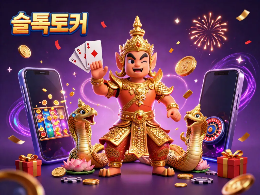 Experience thrilling gameplay with 슬롯토커, 3D illustration featuring a temple guardian and dynamic slot elements.