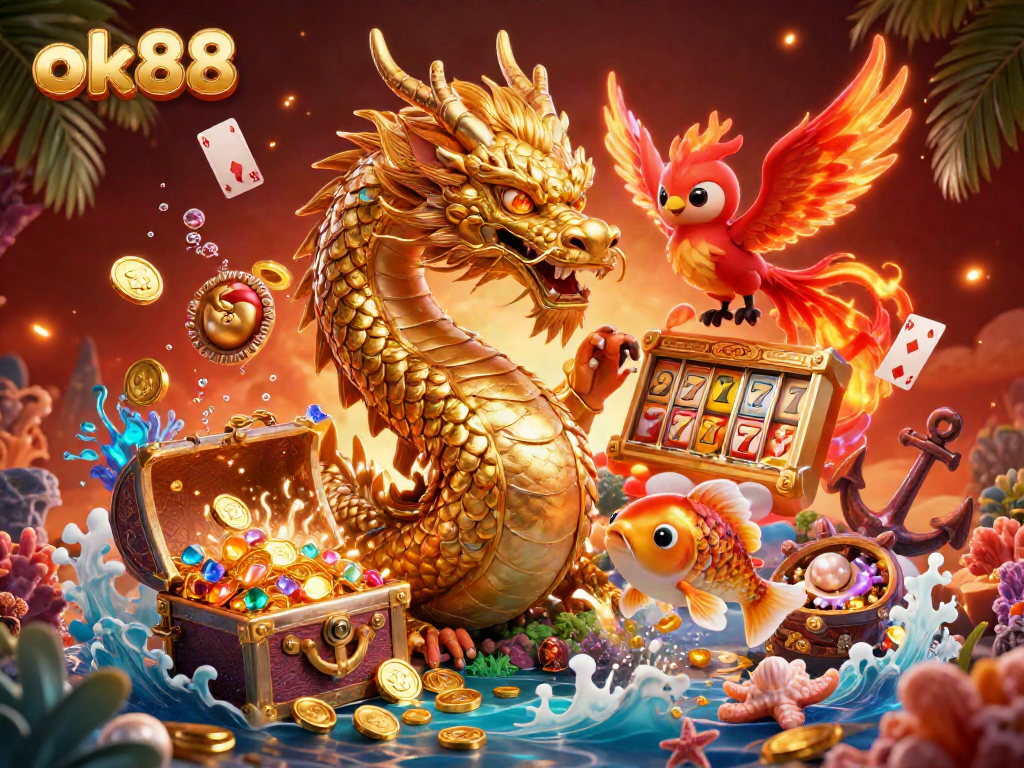 Engage with the captivating ok88 casino scene featuring a majestic dragon, phoenix, and koi fish amidst dynamic gaming elements.