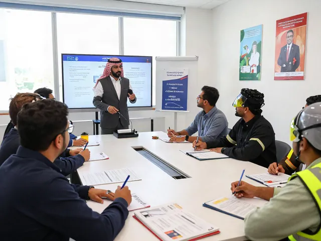 Training Institute Saudi Arabia interactive safety training session with diverse professionals in modern classroom.