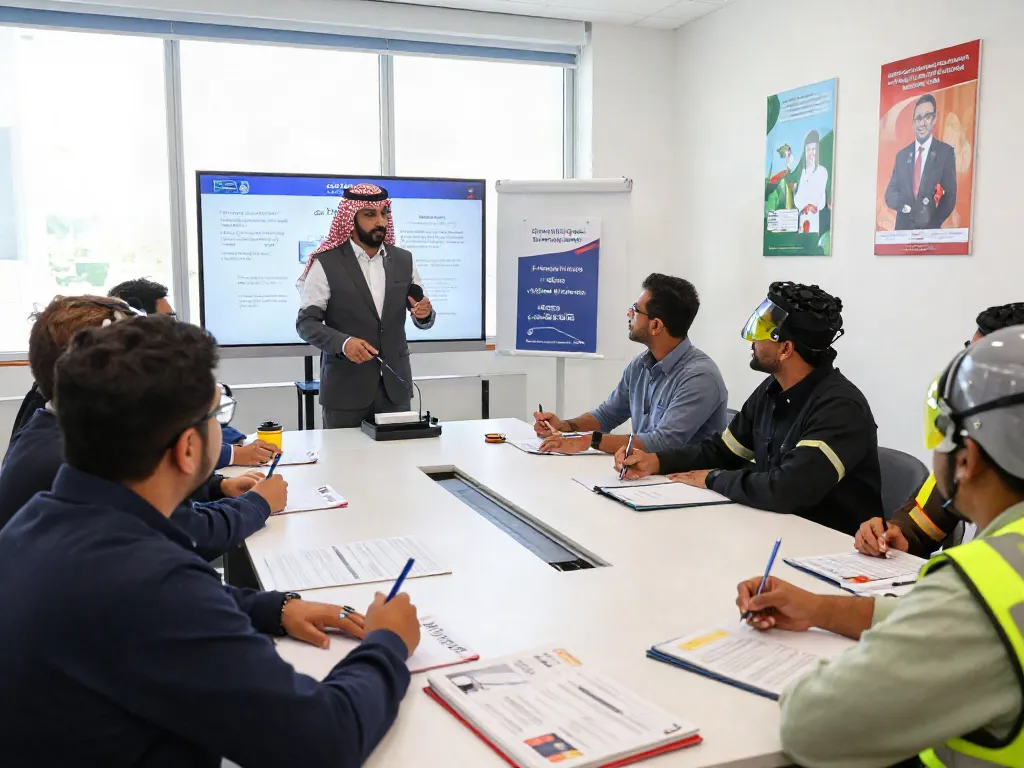 Training Institute Saudi Arabia interactive safety training session with diverse professionals in modern classroom.