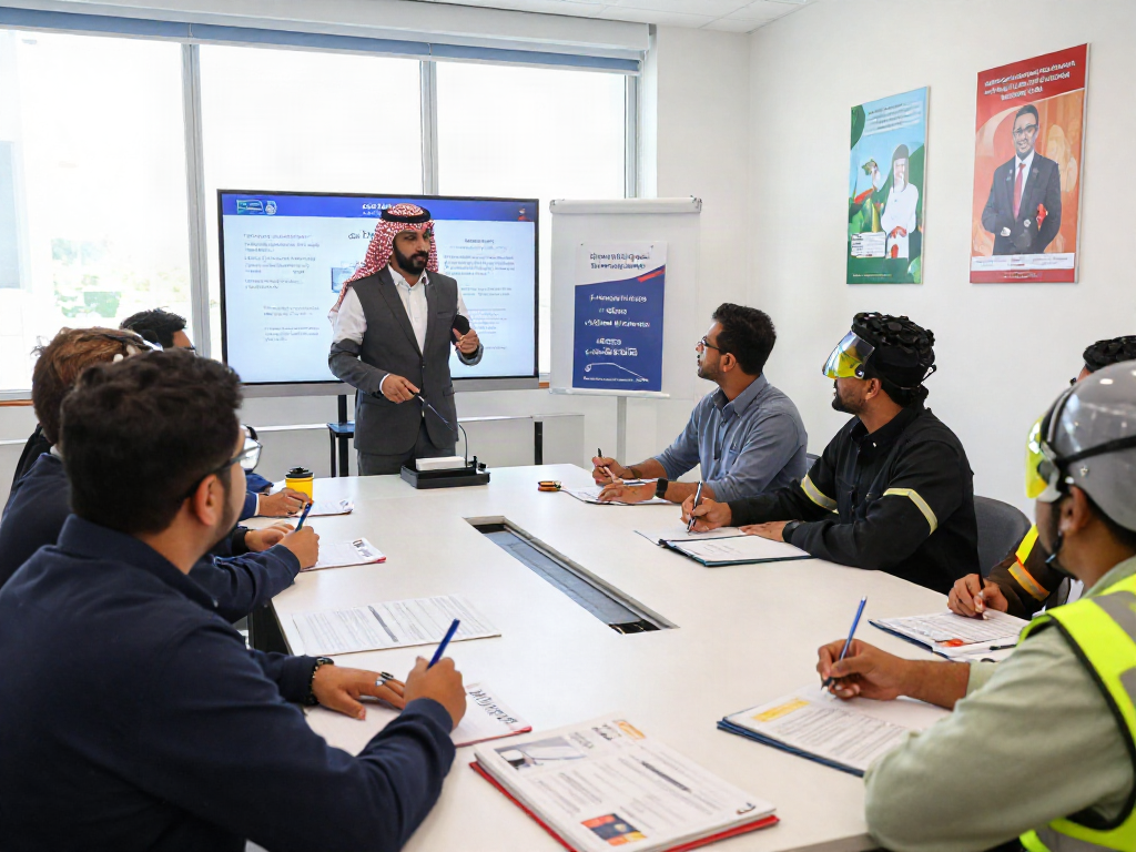 Training Institute Saudi Arabia interactive safety training session with diverse professionals in modern classroom.