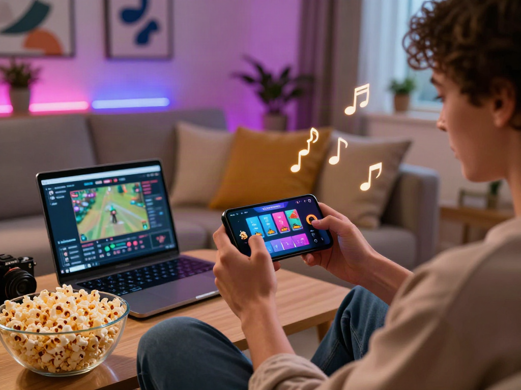 Engaging scene of gaming on a smartphone with mobile porn games in a cozy living room.