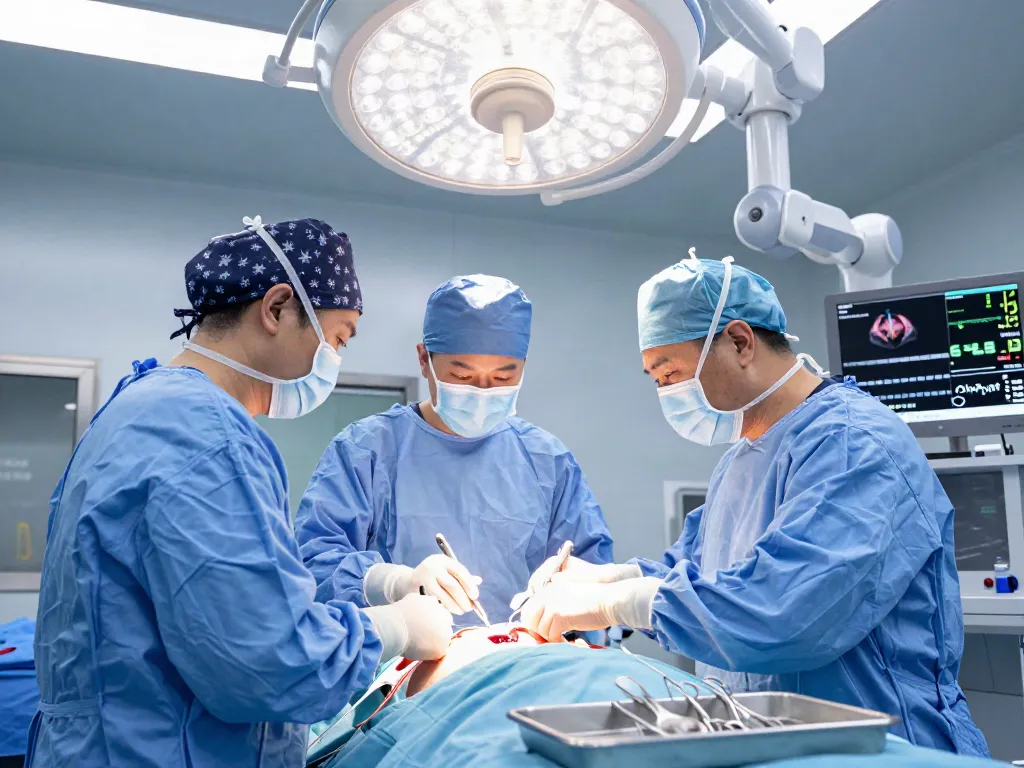 Thoracic surgery specialists performing a minimally invasive procedure in a modern operating room.