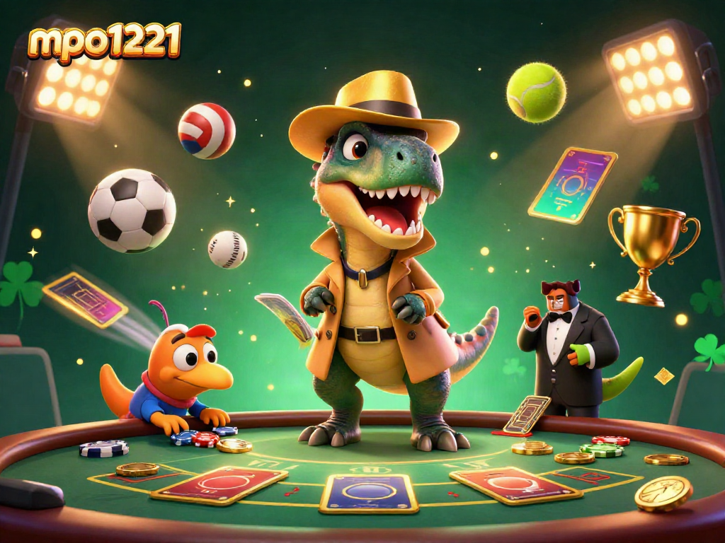 Experience the thrilling world of mpo1221 with a velociraptor at a blackjack table, chips flying!