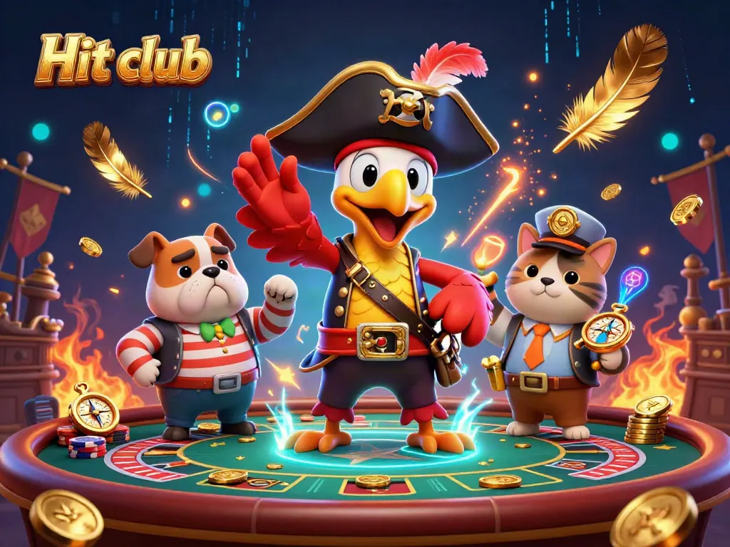 Engage in dynamic gaming at Hit club, featuring vibrant scenes of pirates, coins, and live casino action.