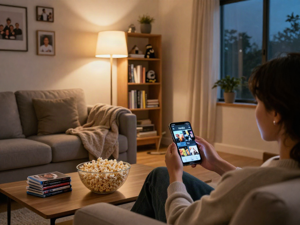 Enjoying a movie night with the Moviebox app in a cozy living room setting.