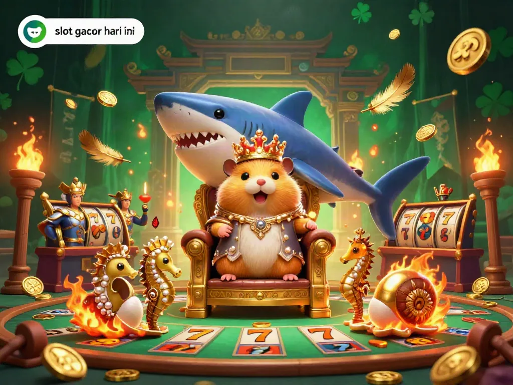 Experience the excitement of slot gacor hari ini with a cartoon scene featuring a hamster king and vibrant gaming elements.