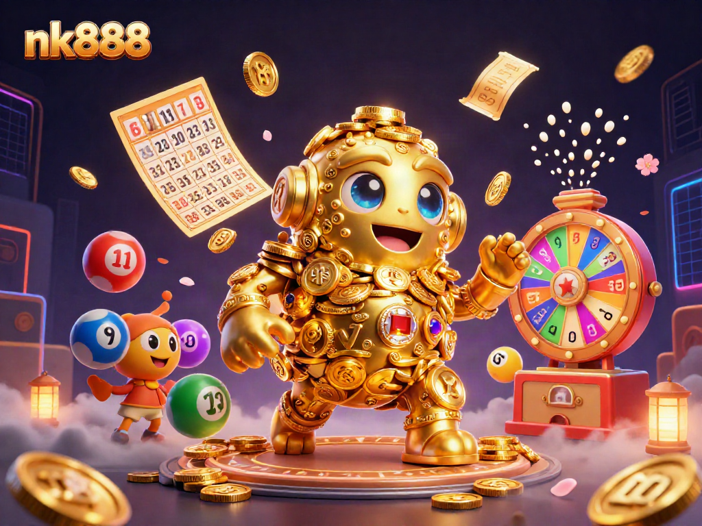 Experience fierce gaming with nk888, a vibrant 3D illustration showcasing a dynamic online casino world full of exciting elements.
