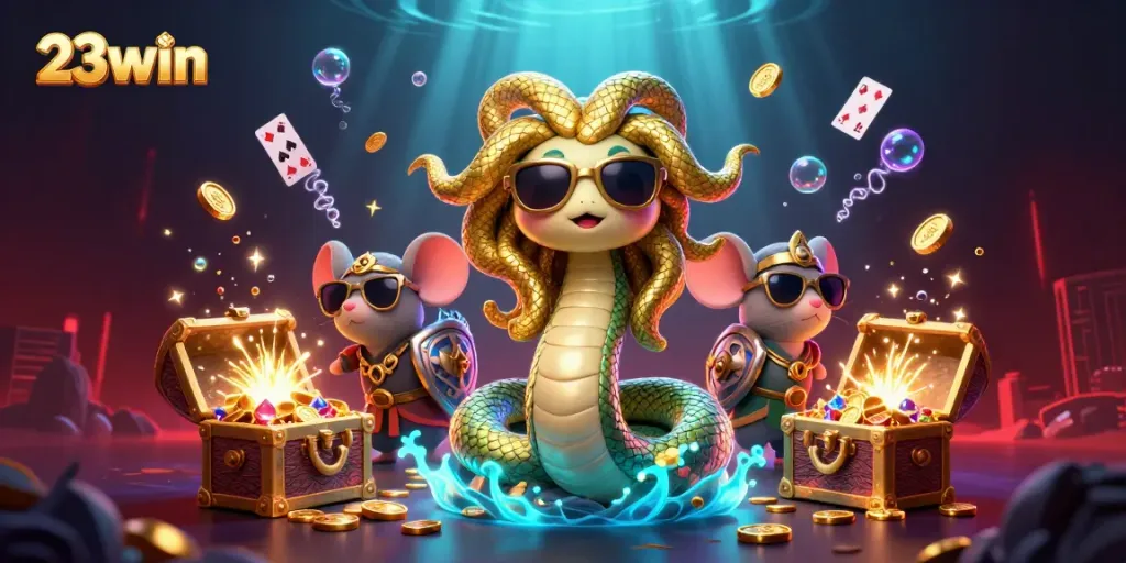 A cute Medusa and a warrior mouse celebrate winning at 23win, surrounded by treasure and gaming elements.