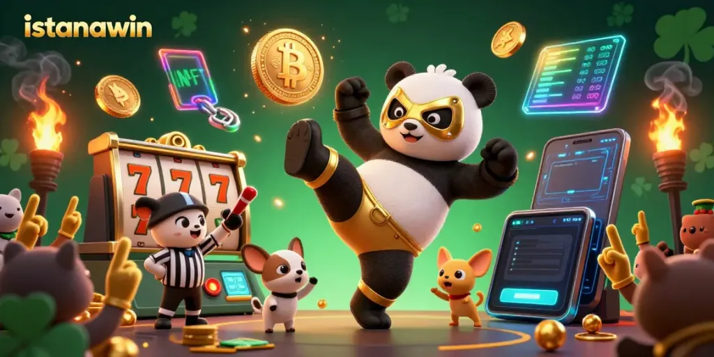 Istanawin menghadirkan atmosfer kasino dengan panda pegulat dan chihuahua, meramaikan slot jackpot yang berkilauan.