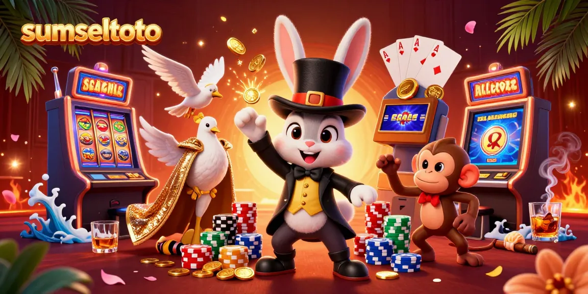 Experience the magic of sumseltoto with this vibrant casino illustration showcasing a magician rabbit, dove, and monkey amidst slot machines and poker chips.