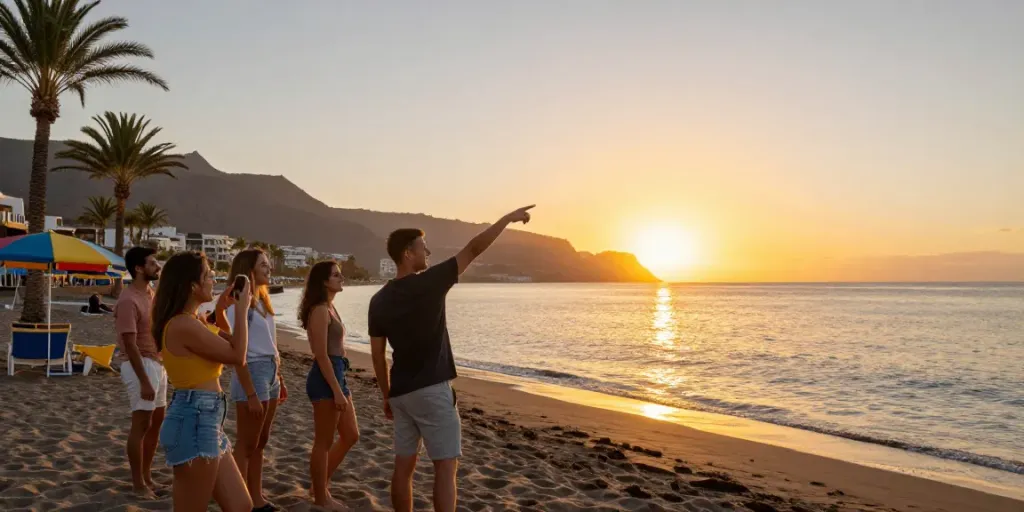 Tenerife travel shop explores friends enjoying sunset at Playa de las Teresitas beach.