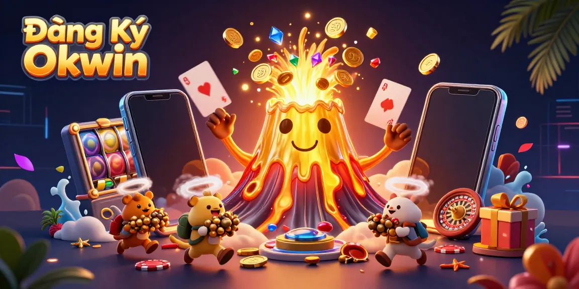 Experience the thrilling Đăng Ký Okwin with vibrant 3D visuals of gambling excitement and treasure.