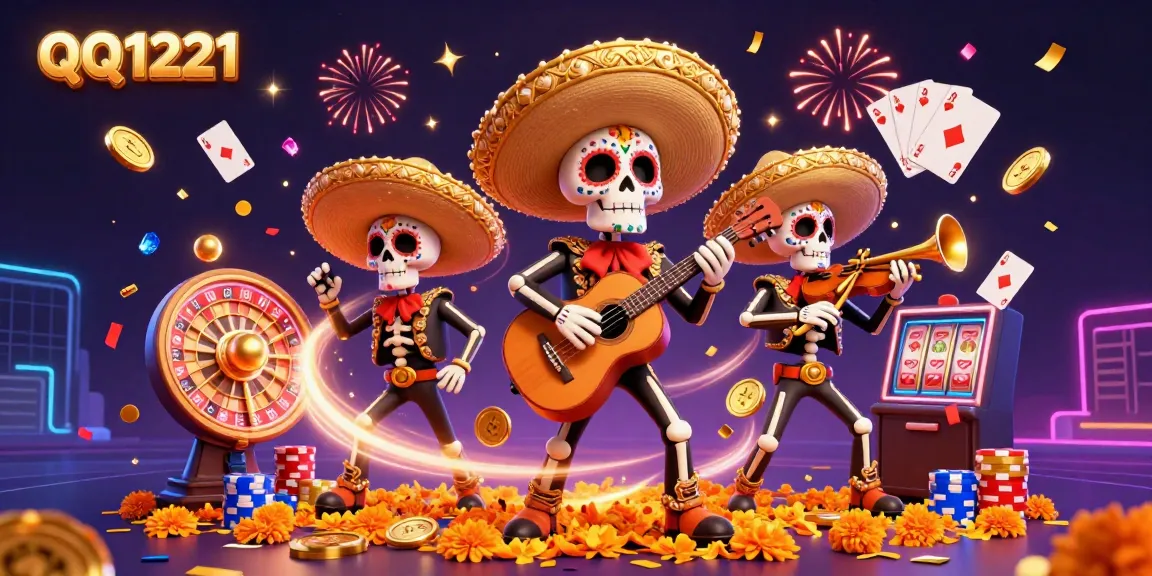 Experience the excitement of QQ1221 with a vibrant mariachi band and flying casino elements in this festive scene.