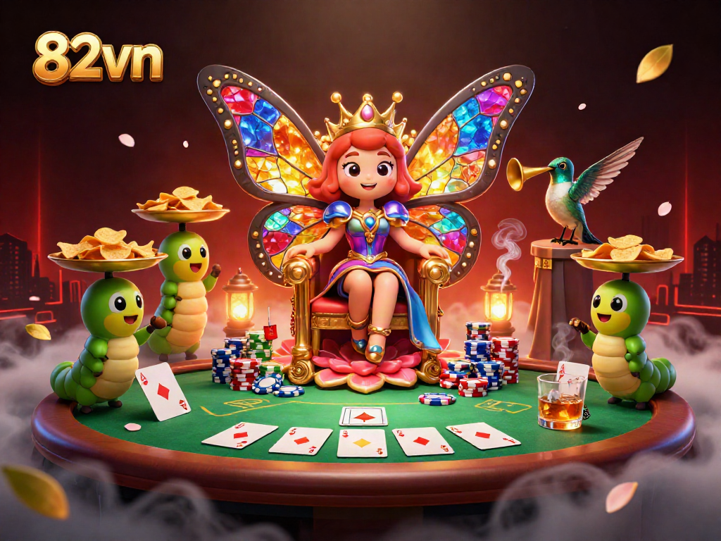 Engage with the thrilling world of 82vn casino gaming featuring a vibrant butterfly queen and poker elements.