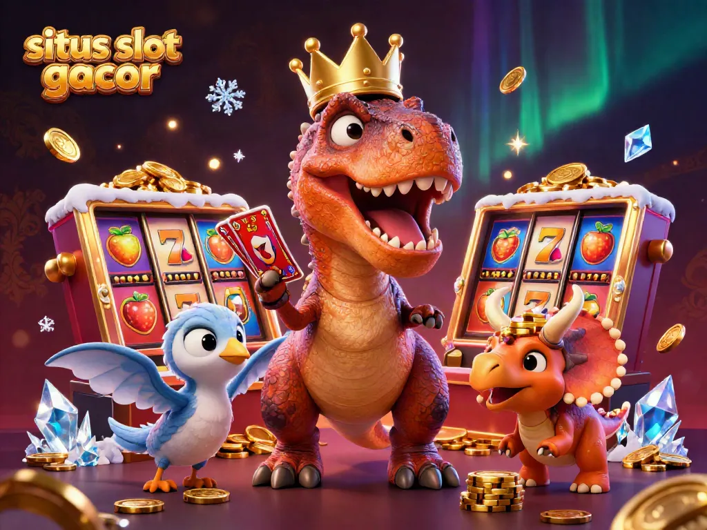 Experience top casino excitement at situs slot gacor with a fun scene featuring charming cartoon dinosaurs and vibrant slot elements.