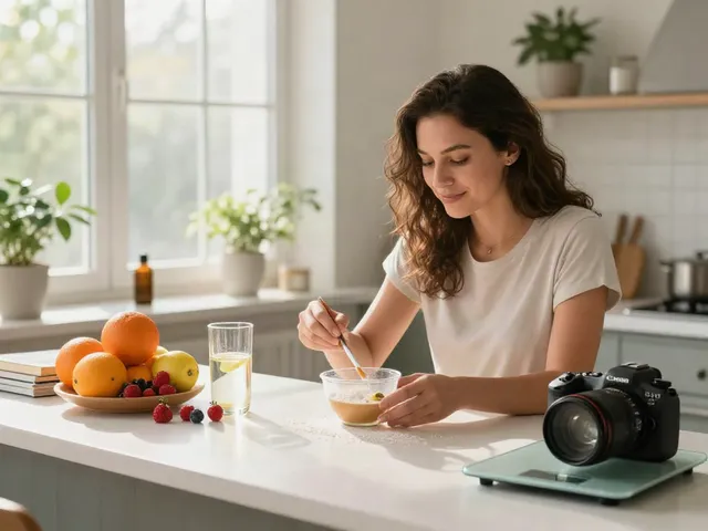 Measuring Glutathione peptide in a bright home setting with fruits and health books.