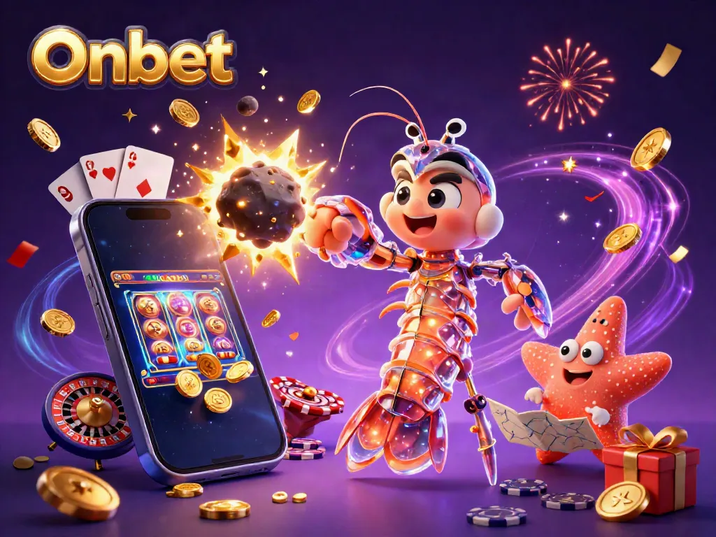 Engage in Onbet's thrilling gaming world with vibrant scenes of online casino excitement.