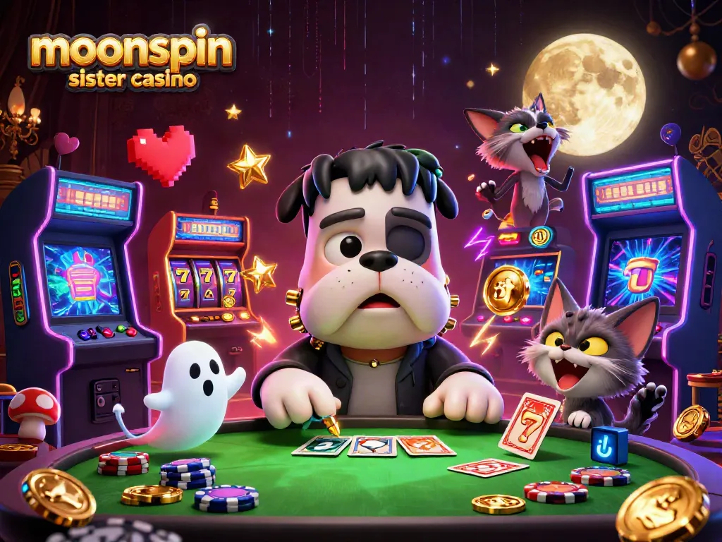 Join the excitement at moonspin sister casino with a thrilling game scene featuring a playful bulldog and surreal elements.