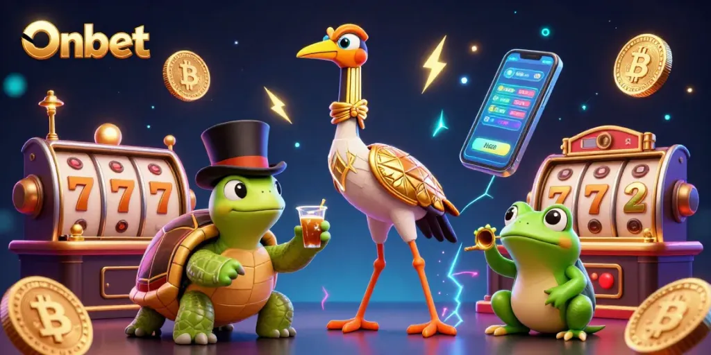 Spin jackpots and win with Onbet at a vibrant casino themed illustration featuring playful characters.