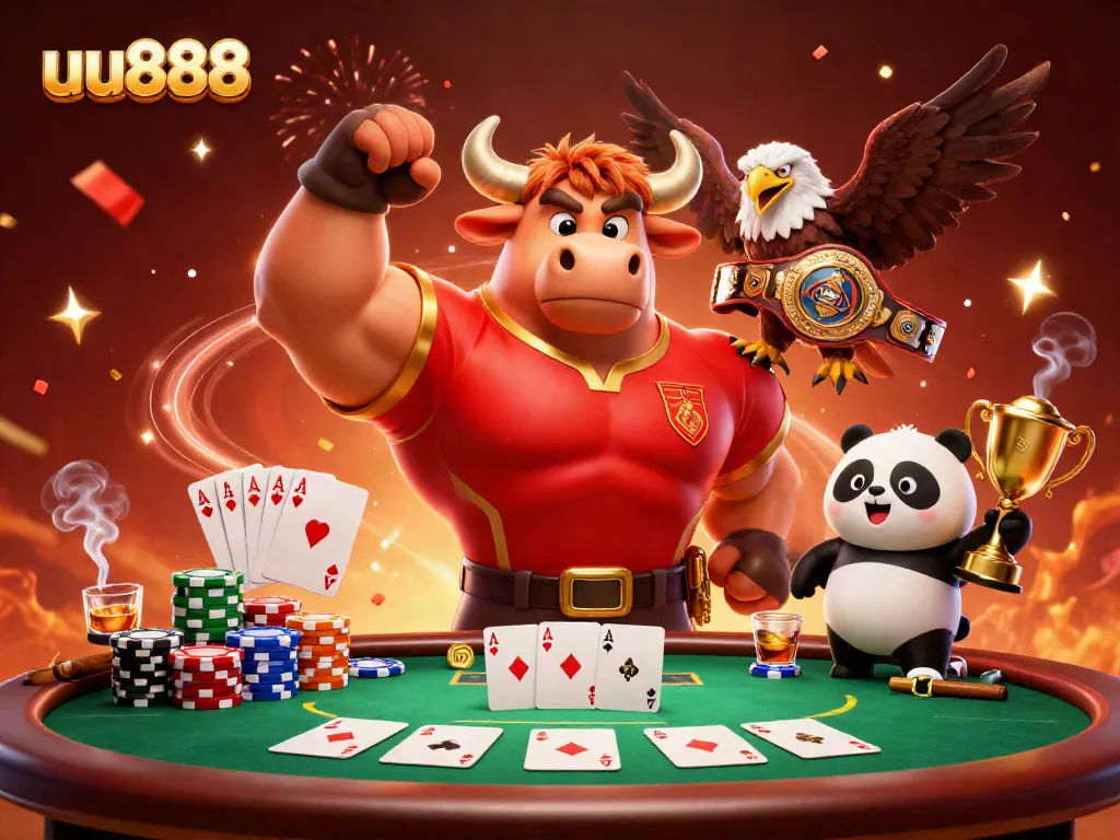 Experience thrilling gameplay with uu888, where the bull mascot triumphs among poker chips and colorful casino elements.