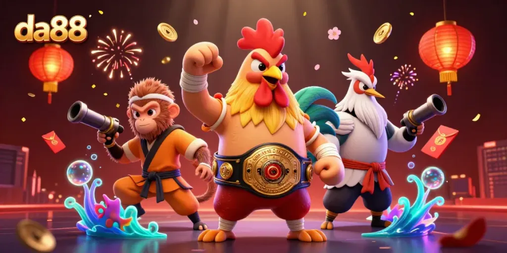 Experience thrilling gameplay at da88 with a dynamic casino scene of fierce characters and colorful elements.