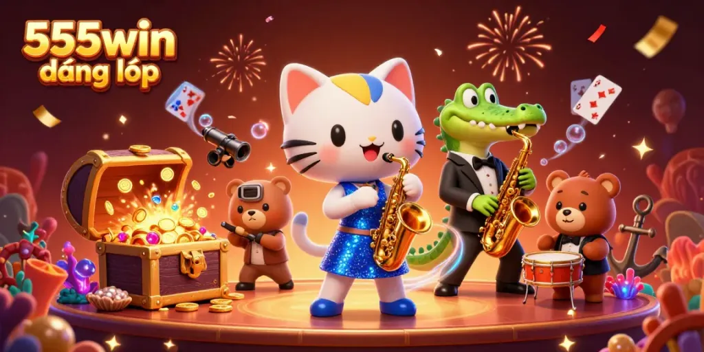Engage in exciting gambling at 555win đăng nhập while enjoying lively entertainment by a jazz singer cat, saxophonist crocodile, and bear drummer.