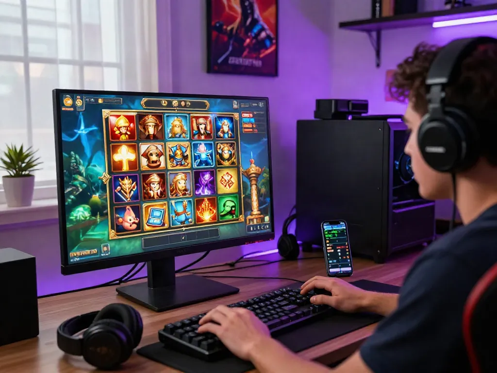 Player enjoying a slot game online with vibrant graphics and gaming accessories in a modern gaming room.