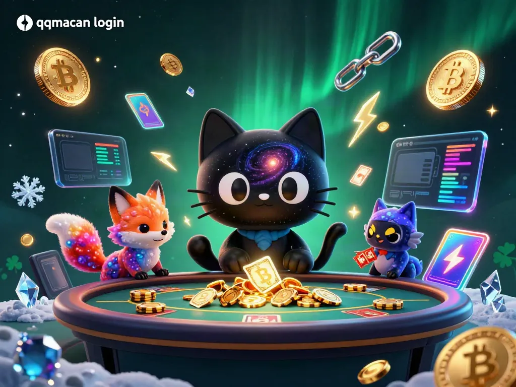 Engage in thrilling gameplay at qqmacan login with a cosmic casino scene teeming with golden chips and vibrant elements.