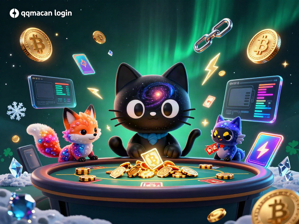 Engage in thrilling gameplay at qqmacan login with a cosmic casino scene teeming with golden chips and vibrant elements.