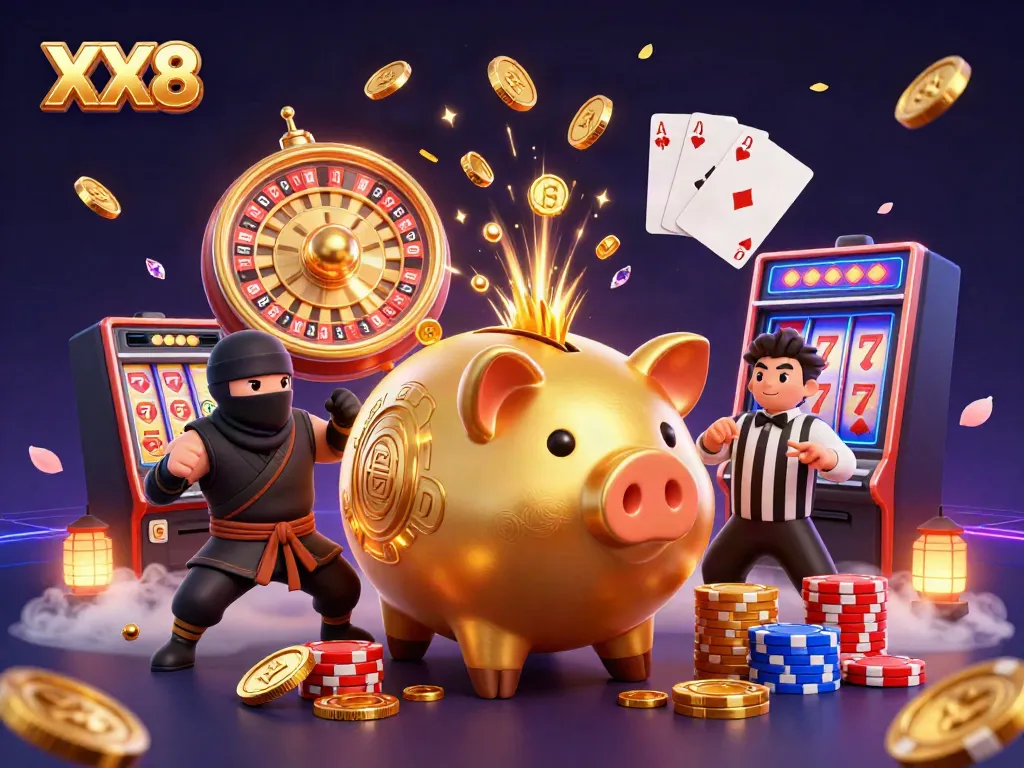 Experience the thrill of XX8 with a lively 3D scene of casino characters engaging in a jackpot game.