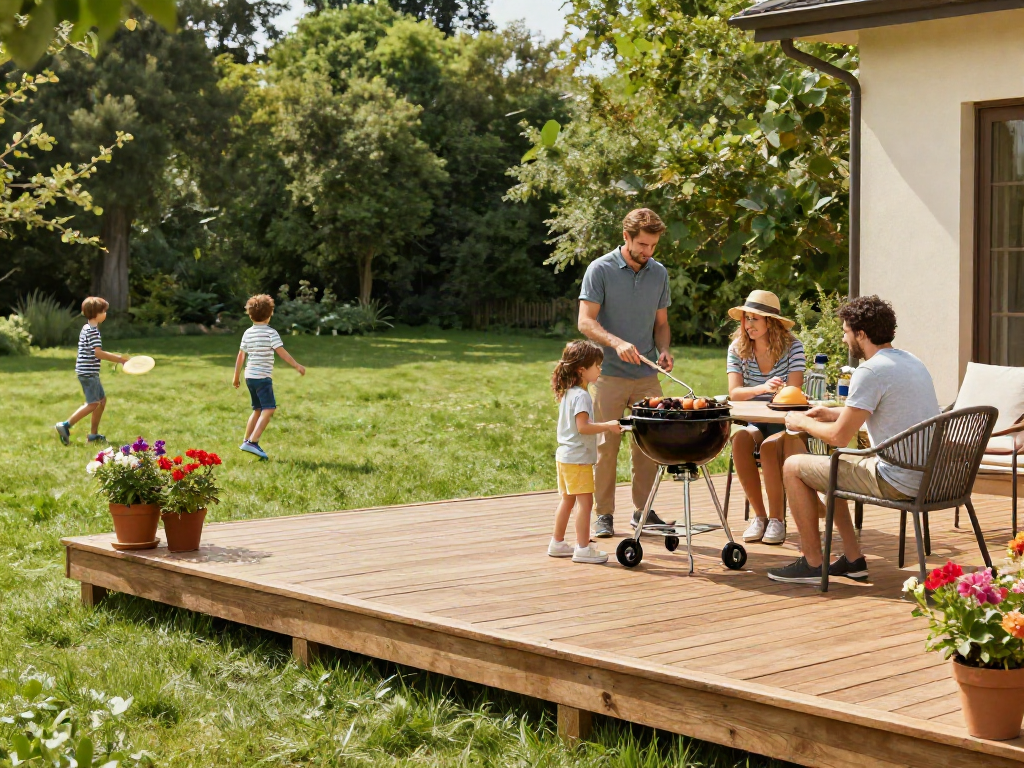 Outdoor barbecue scene showcasing Deck Builders Eastwood craftsmanship with a joyful family on a wooden deck.