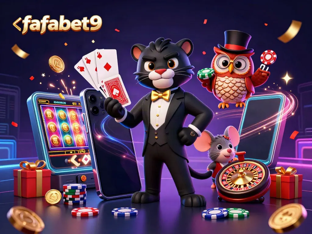 Engage in thrilling games at fafabet9 with a stylish panther dealing cards amid vibrant casino elements.