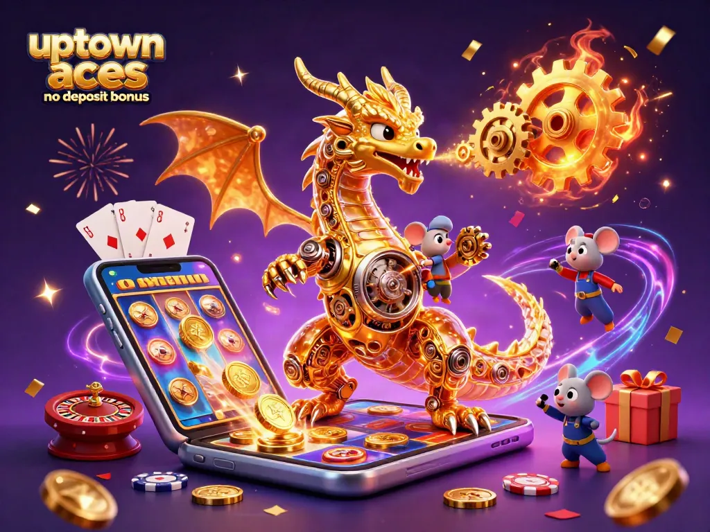 Experience the uptown aces casino no deposit bonus with a golden dragon and dynamic gaming elements in a vibrant scene.