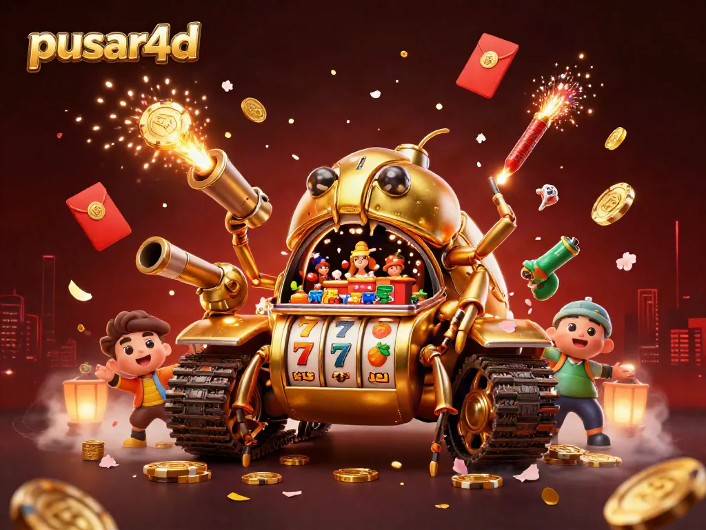 Experience the festive pusar4d atmosphere with a vibrant golden beetle tank revealing a casino scene filled with excitement.