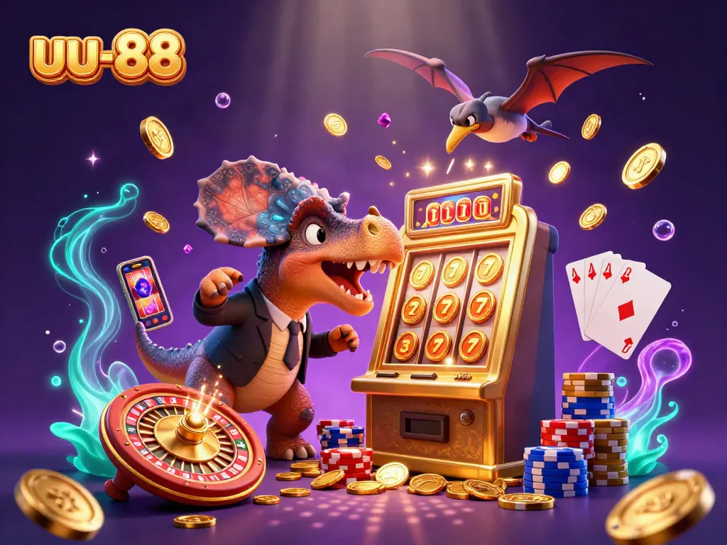 uu-88 slot machine scene with a dinosaur hitting jackpot coins, showcasing dynamic casino action.
