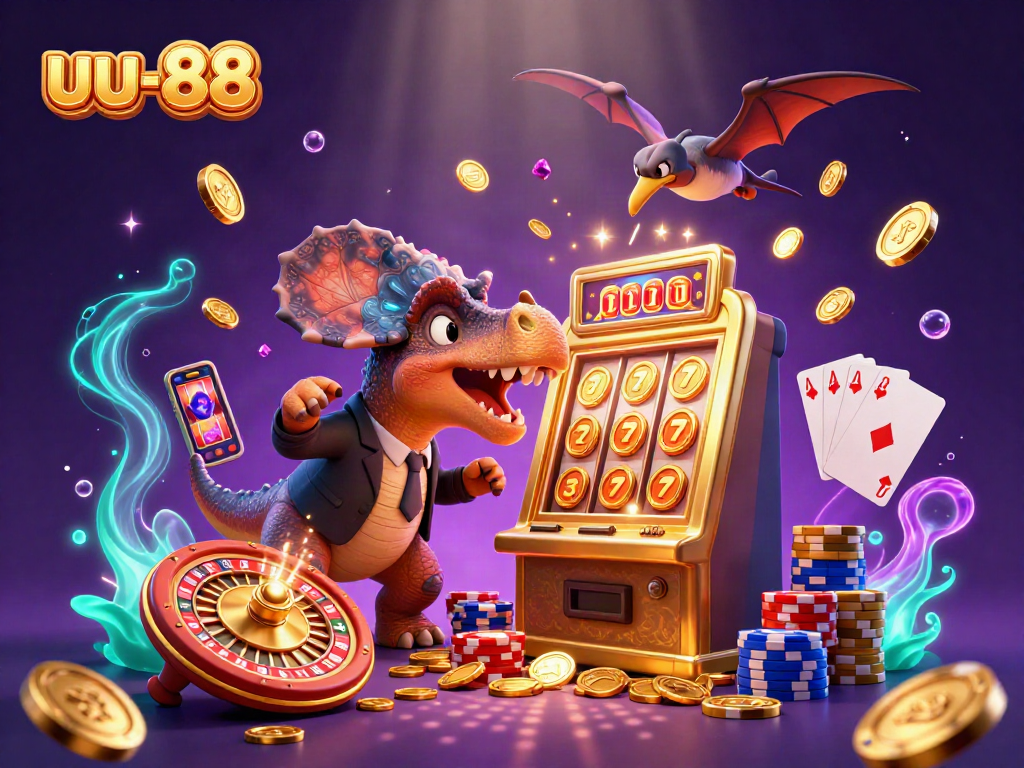uu-88 slot machine scene with a dinosaur hitting jackpot coins, showcasing dynamic casino action.