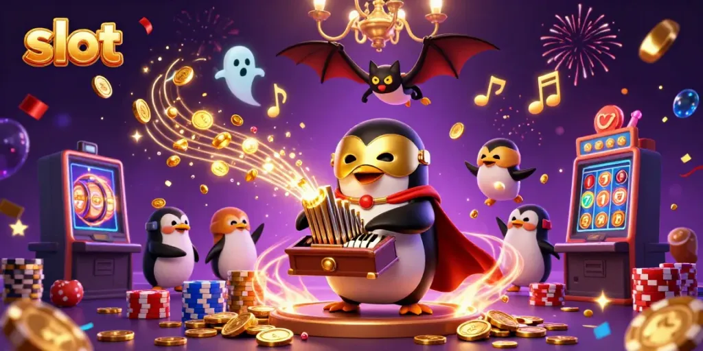 Experience thrilling slot games in this vibrant casino scene with a penguin playing an organ.