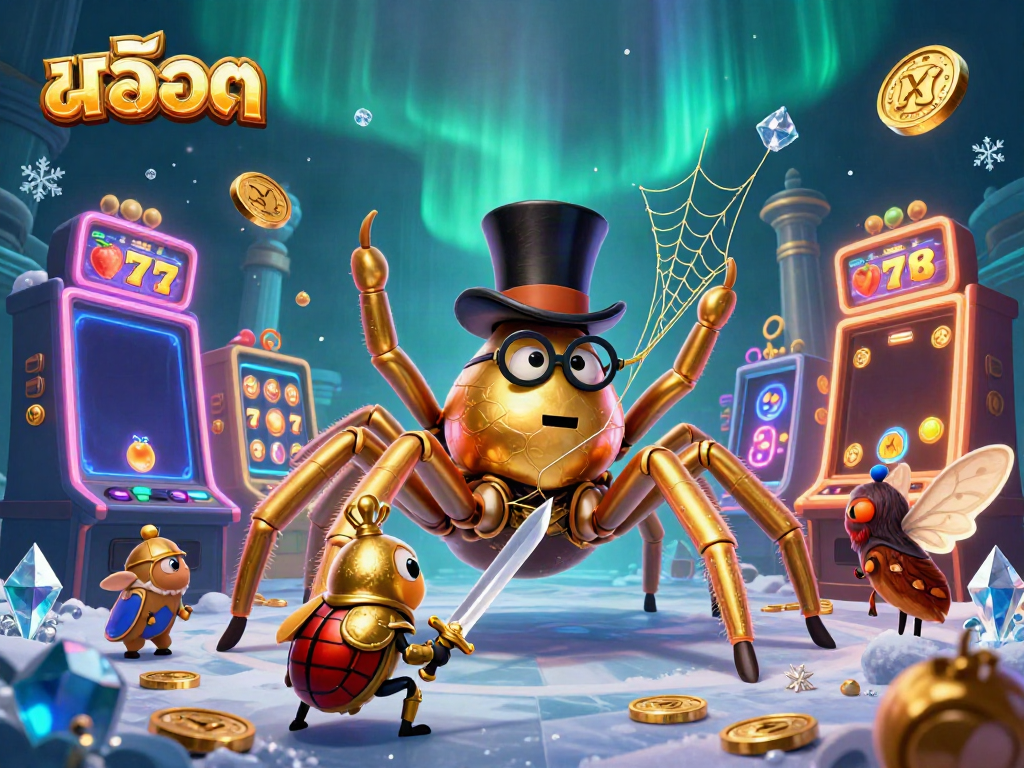 โชว์การเล่นสล็อตสุดตื่นเต้นในภาพ 3D ที่มีแมงมุมทองยักษ์ในหมวกไ top hat