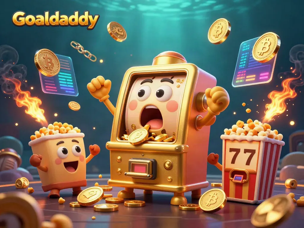 Experience the thrilling Goaldaddy jackpot with a cartoon slot machine celebrating wins in a vibrant casino scene.